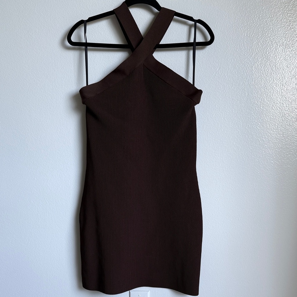 Aritzia Babaton Brown Sculpt Knit Criss Cross Midi Dress, Bodycon, X-Large, XL - Picture 2 of 8